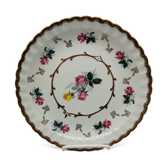 WOOD & SONS Alpine White Ironstone Plate Roses Gold Rim England Vintage 10" - Picture 2 of 11
